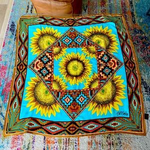Bob Mackie Silk Square Scarf Wearable Art Southwestern Sunflower Aztec Turquoise